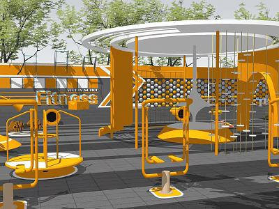 Outdoor Modern Children's Play Area With Yellow Climbing Structures Round Canopy And Safety Flooring 3d model