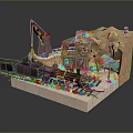 Vintage Steam Train on Railway Tracks with Rocky Cliff Small House and Crane