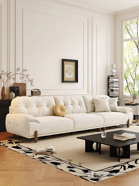 White Three Seater Sofa In Modern Living Room With Framed Art Decorative Pillows And Coffee Table 3d model 