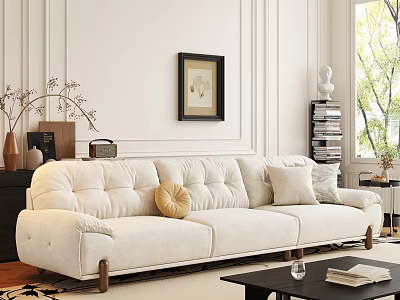 White Three Seater Sofa In Modern Living Room With Framed Art Decorative Pillows And Coffee Table 3d model