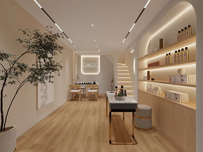 Modern Beauty Salon Interior Design With Wooden Floors Shelves Beauty Products Plant And Workstation 3d model