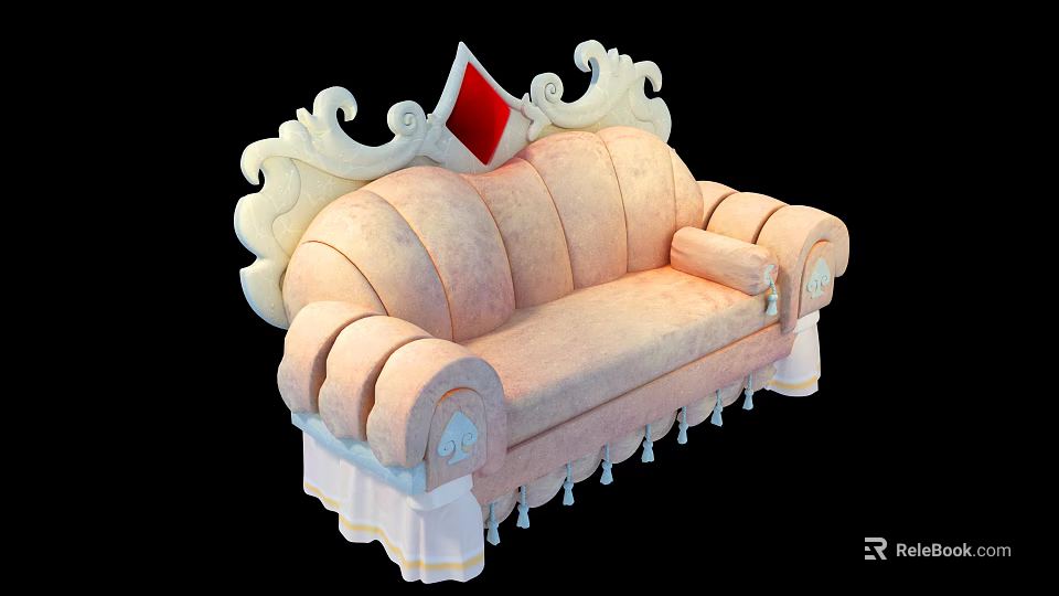 Pink Ornate Carved Sofa With Curved Backrest Tassels And White Skirt Design 3d model 