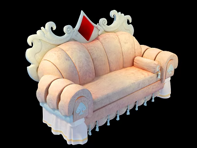 Pink Ornate Carved Sofa With Curved Backrest Tassels And White Skirt Design 3d model