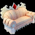 Pink Ornate Carved Sofa With Curved Backrest Tassels And White Skirt Design