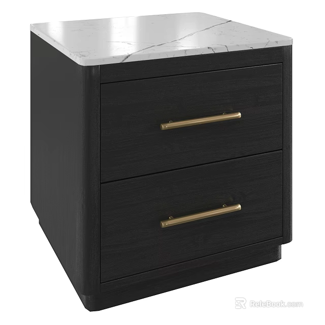 Modern Black Nightstand With Two Drawers Golden Handles And White Marble Top 3d model 