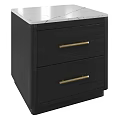 Modern Black Nightstand With Two Drawers Golden Handles And White Marble Top