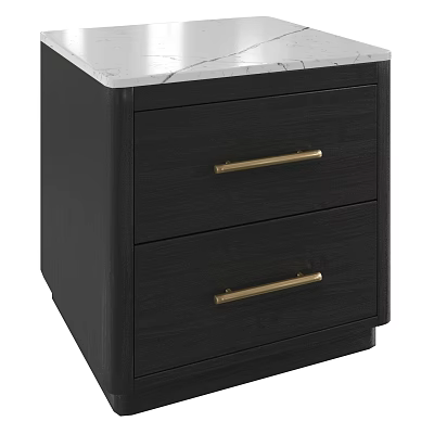 Modern Black Nightstand With Two Drawers Golden Handles And White Marble Top 3d model