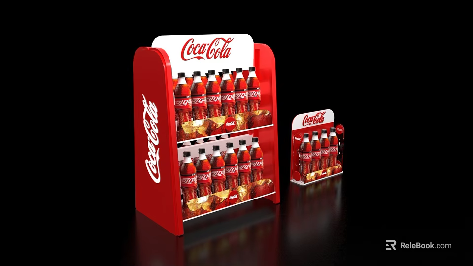 Red Coca-Cola Display Shelves with Beverage Bottles in Retail Store Setup 3d model 