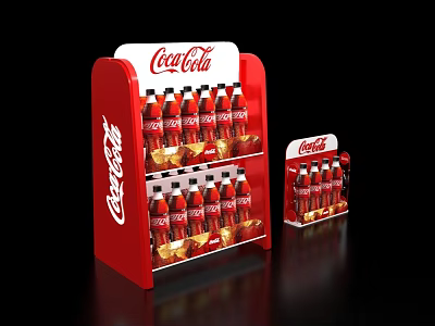 Red Coca-Cola Display Shelves with Beverage Bottles in Retail Store Setup 3d model
