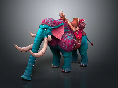 Fantasy Teal Elephant With Pink Ears And Decorative Brown Saddle For Character Riding 3d model