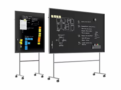 Black Mobile Whiteboard Hanging Items with Blueprints Sticky Notes and Diagrams 3d model