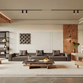 Modern Living Room With Wooden Ceiling Beams Gray Sofa Brick Wall And Wooden Coffee Table
