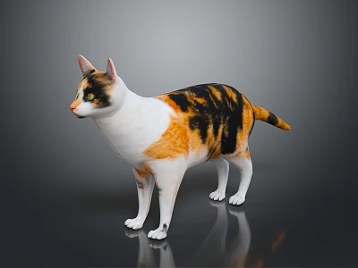 Calico Cat With White Black And Orange Fur Standing On Dark Background With Reflection 3d model