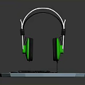 Wired Headphones With Green Earcups Silver Headband And Cable On Blue Octagonal Base