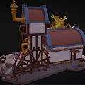 Cartoon Bar Scene With Orange Roof And Clock Decorations Wooden Barrels Benches And Stairs