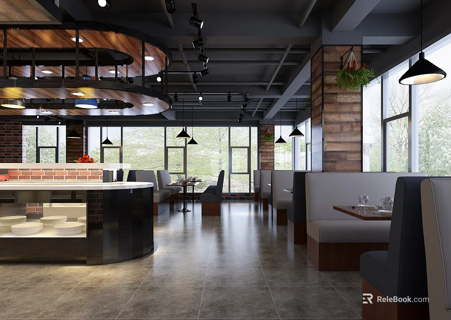 Modern Industrial Restaurant Interior With Open Kitchen Tables Chairs Brick Wall And Hanging Lights 3d model 