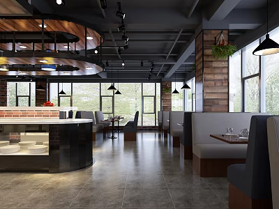 Modern Industrial Restaurant Interior With Open Kitchen Tables Chairs Brick Wall And Hanging Lights 3d model