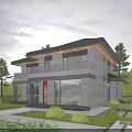 Modern Detached Villa With Gray Stone Exterior Large Windows Balcony And Garden Patio