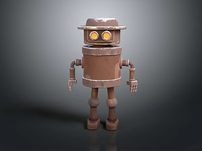 Vintage Rusty Robot Game Movie Character With Brown Hat Yellow Eyes And Barrel Body 3d model
