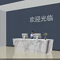 3D Model Reception Desk With Marble Countertop Blue Backdrop Wall And Welcome Sign