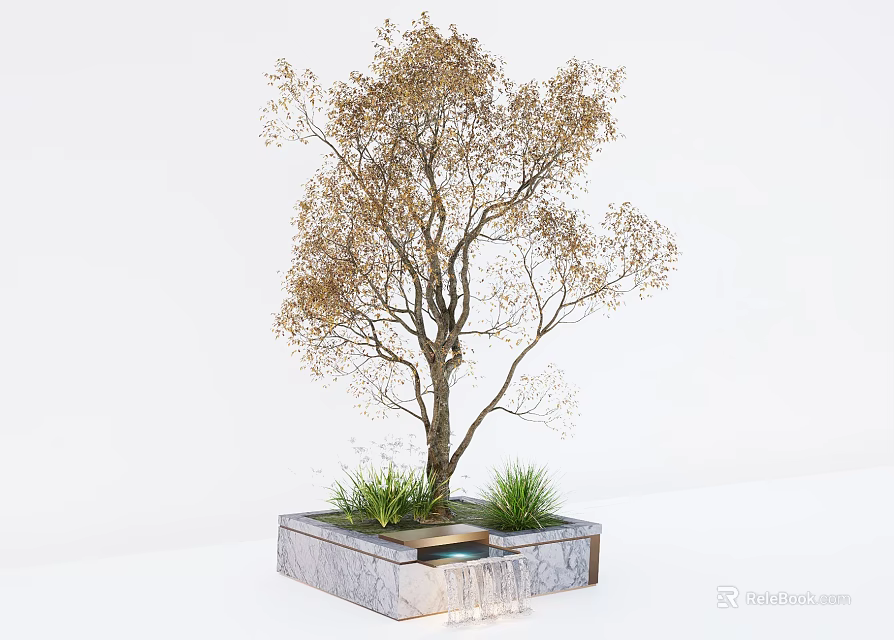 Elegant Plant Combination With Deciduous Tree And Green Grasses In Stone Planter 3d model 
