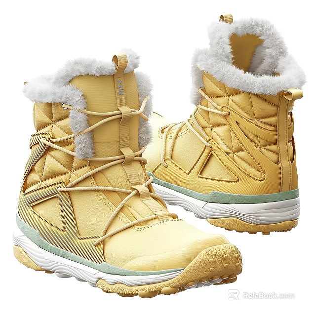 Yellow Winter Boots With Faux Fur Trim And Lace Up Design For Warm Weather Wear 3d model 