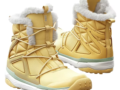 Yellow Winter Boots With Faux Fur Trim And Lace Up Design For Warm Weather Wear 3d model