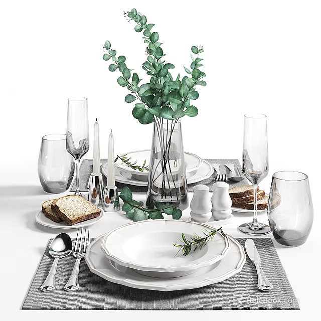 Elegant Table Setting With Dinnerware Glasses Silverware Greenery Bread Salt Pepper Shakers And Candles 3d model 