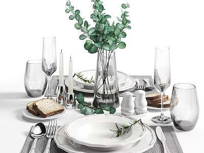 Elegant Table Setting With Dinnerware Glasses Silverware Greenery Bread Salt Pepper Shakers And Candles 3d model