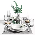 Elegant Table Setting With Dinnerware Glasses Silverware Greenery Bread Salt Pepper Shakers And Candles 3d model