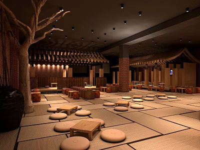 Serene Japanese SPA Sauna Interior With Tatami Seating Wooden Structure And Soft Lighting 3d model