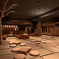 Serene Japanese SPA Sauna Interior With Tatami Seating Wooden Structure And Soft Lighting
