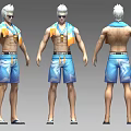 Casual Summer Outfit With Blue Shorts Orange And Blue Sleeveless Vest And White Hair Accessory