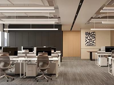Modern Public Office Space Design With Workstations Office Chairs Contemporary Lighting And Minimalist Wall Art 3d model