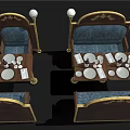 Classic Dining Table Set With Wooden Frame Golden Trim Blue Sofa Upholstery And Tableware