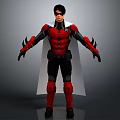 3D Modeled Superhero Character in Red and Black Costume With White Cape and Spiked Gloves