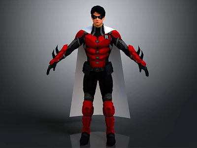3D Modeled Superhero Character in Red and Black Costume With White Cape and Spiked Gloves 3d model