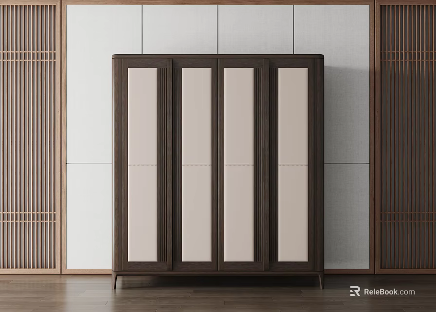 Modern Minimalist Wardrobe With Glass Panel Doors And Wooden Frame On Wooden Floor 3d model 