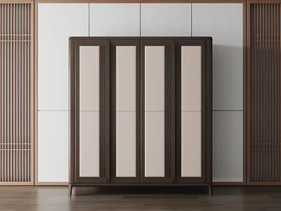 Modern Minimalist Wardrobe With Glass Panel Doors And Wooden Frame On Wooden Floor 3d model