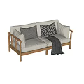 Two Seater Sofa with Wooden Frame Light Colored Cushions and Geometric Pillows Gray Throw Blanket