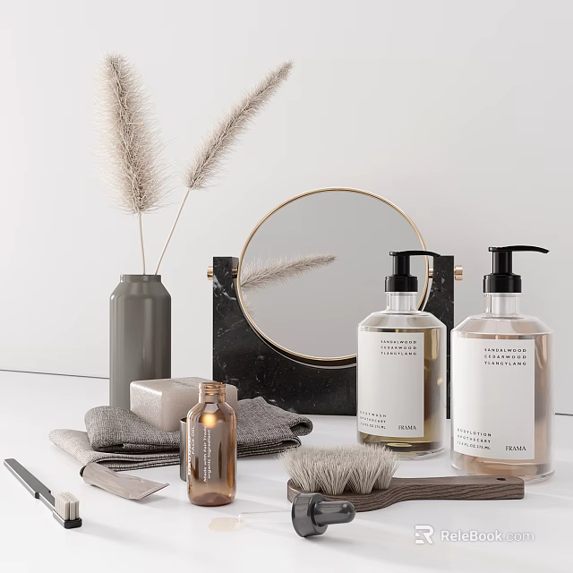 Modern Bathroom Accessories with Mirror Hand Soap Dispensers Towels Vase and Brush on Countertop 3d model 