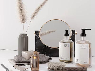 Modern Bathroom Accessories with Mirror Hand Soap Dispensers Towels Vase and Brush on Countertop 3d model