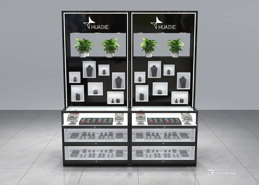 Trade Double Display Shelves With Top Plants Decorative Frames And Multi Layer Storage For Items 3d model 