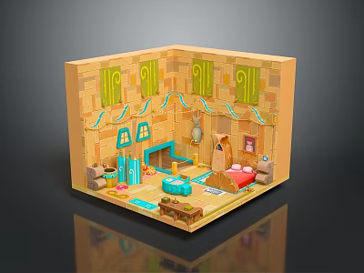 Cartoon Room Scene With Yellow Walls Green Decor Blue Windows Fireplace Rug Bed And Furniture 3d model