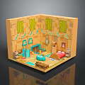 Cartoon Room Scene With Yellow Walls Green Decor Blue Windows Fireplace Rug Bed And Furniture