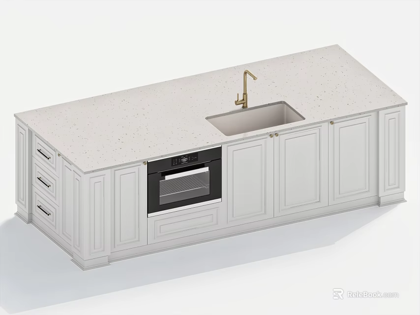 White Bar Counter Interior With Granite Countertop Sink Faucet Oven And Cabinets 3d model 