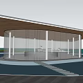 Modern Waterfront Sales Office Building with Circular Design White Roof Glass Structure and Surrounding Greenery