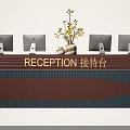 Modern Reception Desk With Multiple Computer Monitors And Yellow Flowers Decor 3d model