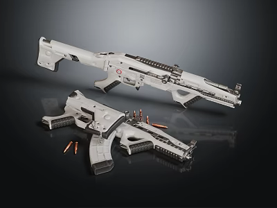 White Tactical Firearms with Rifle Pistol and Bullets in Modern Design 3d model