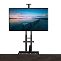 Flat screen Television on Black Stand Against White Wall with Wooden Floor Displaying Waterfront Sunset